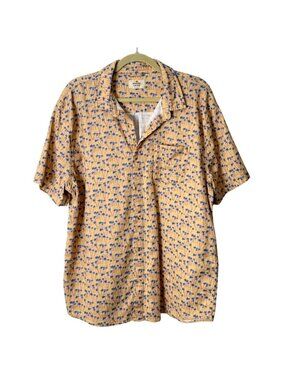 Marine Layer Mens Larger Shirt Stretch Selvage Short-Sleeve Tan Blue Warm Palm
